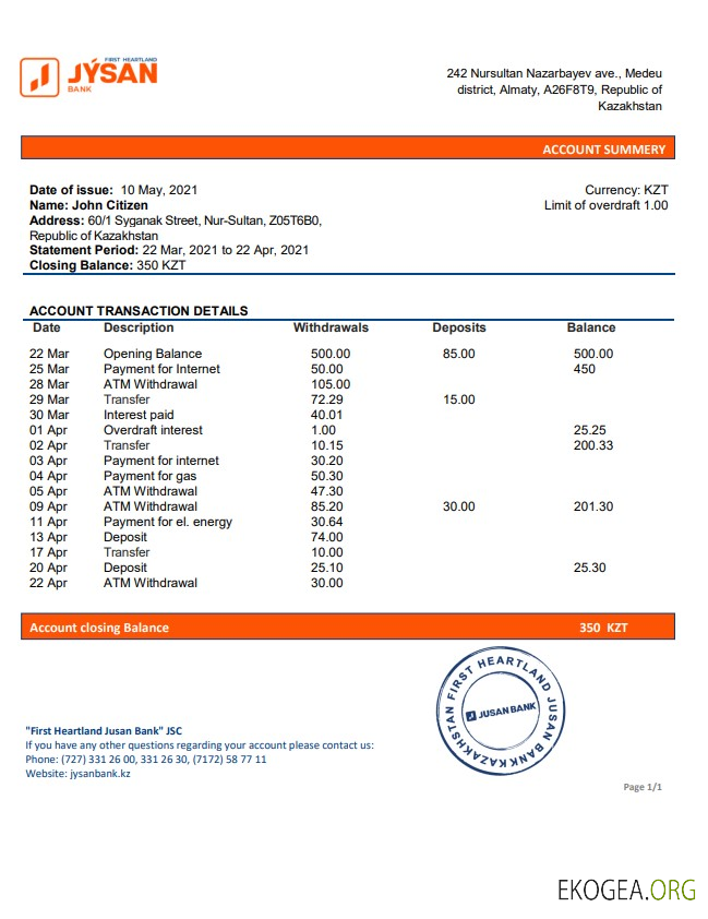 Déclaration de la première Heartland Jusan Bank du Kazakhstan
